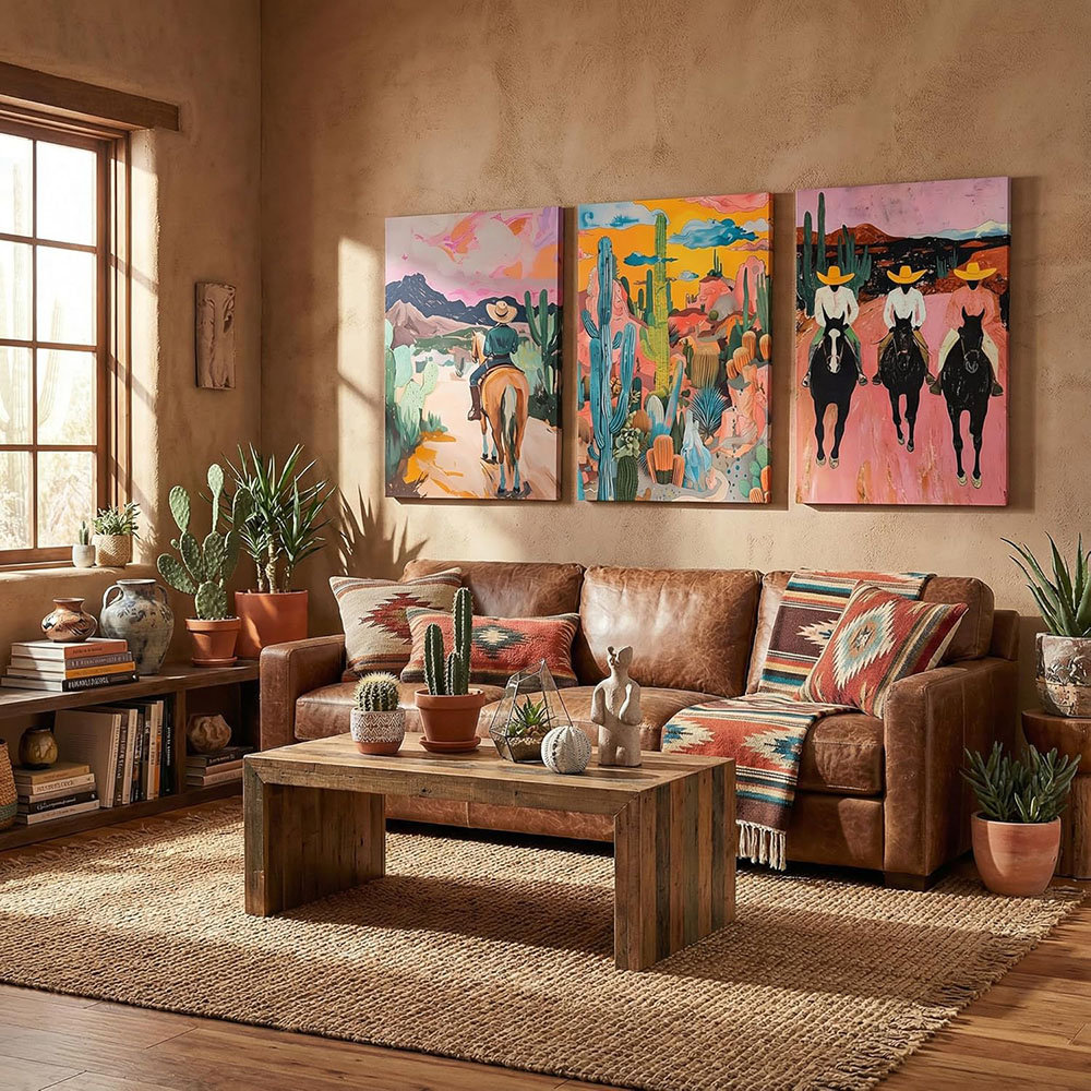 3Pcs Western Cowboy Canvas Wall Art Abstract Cowboy Desert Cactus Wall Decor Pictures Vintage Wild Southwest Posters Prints Artwork For Living Room Be