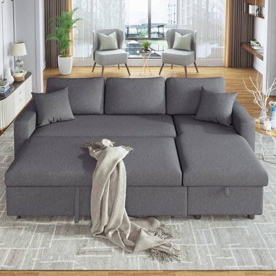 Canapé-lit modulaire rembourré gris avec rangement, convertible en lit simple pour un sommeil supplémentaire, rembourrage en mousse, ressorts, capacité 3, accoudoir carré, méridienne avec rangement à l'arrière, lit, orienté à droite,