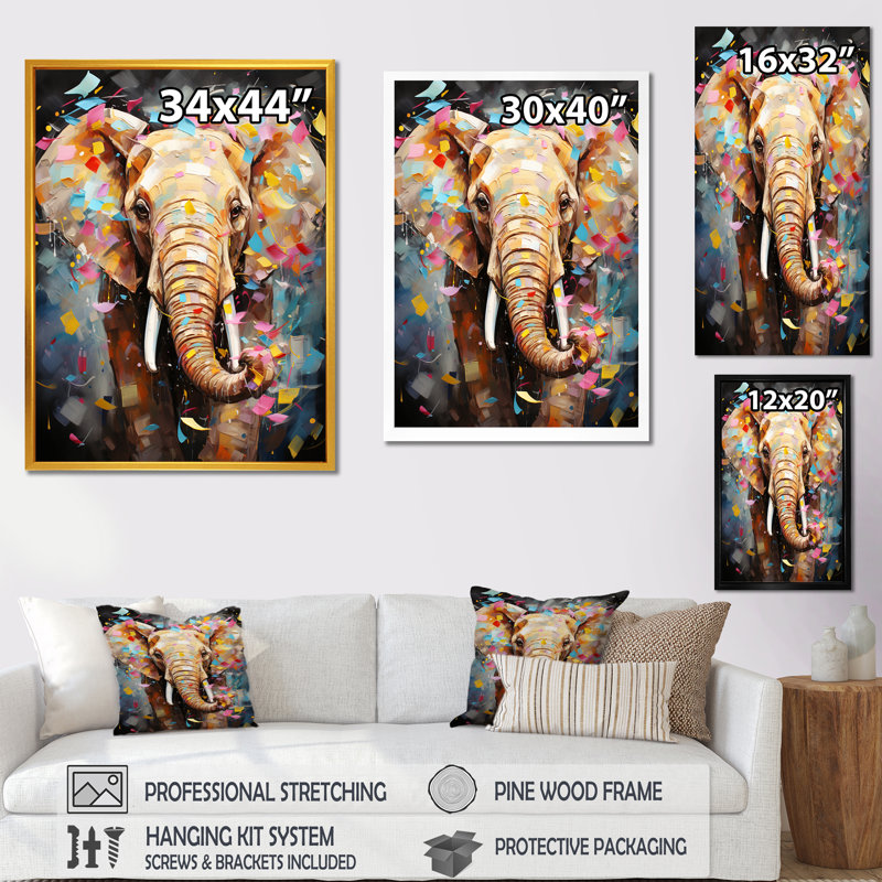 Popart Elephant Dreams - Éléphant, art mural animal, H 32 po x l 24 po x P 1 po, Encadrement doré