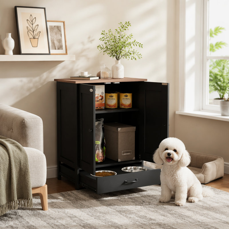 Station d'alimentation pour chien, armoire de rangement pour nourriture pour chien avec bols cachés pour chien, panneau réglable, crochets pour chiens de taille moyenne