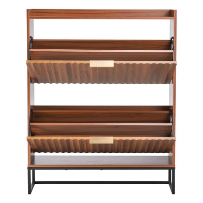 Armoire à chaussures cannelée en noyer, design Mid-Century, 2 tiroirs rabattables, peu encombrants, tablettes réglables, armoire autoportante pour le salon avec style, entrée
