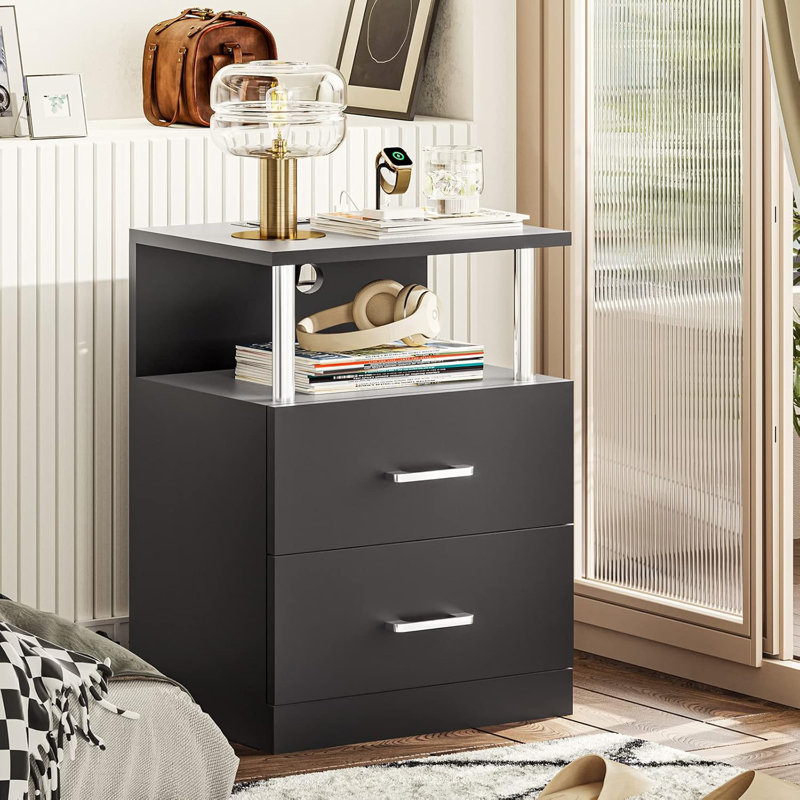 Black Nightstand with Charging Station and USB Ports, LED Night Stand with 2 Drawers, Modern End Side Tables with Open Storage, Bedside Tables for Bedroom, Office