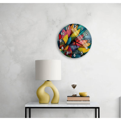 Horloge murale en verre trempé mosaïque colorée, grande montre ronde à chiffres romains - art floral moderne en verre coloré en arc-en-ciel, décoration intérieure unique