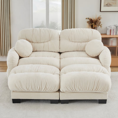 Canapé modulaire confortable à 2 places en tissu de chenille plissé avec siège ergonomique en mousse haute densité, canapé modulaire en forme de L avec 2 repose-pieds, accoudoirs arrondis arrondis et 2 coussins décoratifs ronds