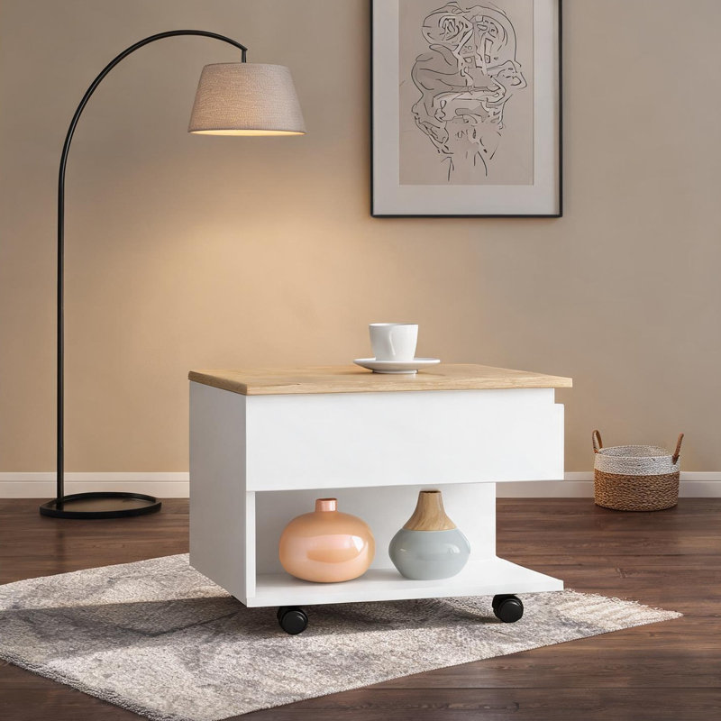 Petite table basse carrée à plateau relevable avec rangement dissimulé, bois d'ingénierie, finition en bois brun sur roulettes