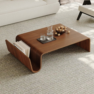 Walnut Curved Coffee Table with Open Storage, 41.3" No-Assembly Mid-Century Modern Center Table for Living Room