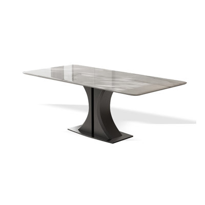 A modern and minimalist rectangular high-end dining table made of marble