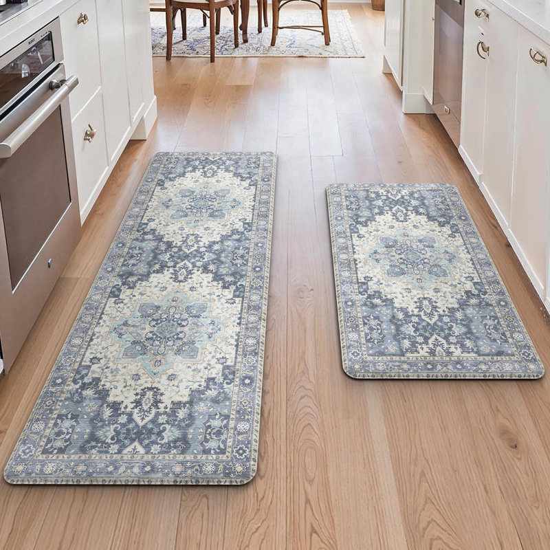 Comfort Rebound PVC Anti-Fatigue Kitchen Mats with Cushioned Support, Non-Skid, Water Resistant, Navy/Beige