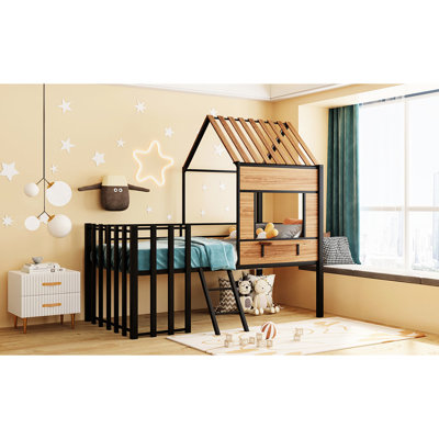 Lit mezzanine simple en métal, noir. Structure solide. Maison en forme de maison avec toit et fenêtre fascinants. Barrières de sécurité pour un sommeil paisible. Améliore la fonction de la chambre à coucher. L 78,1 po x l 41 po x H 76,5 po. Taille requise pour l'assemblage