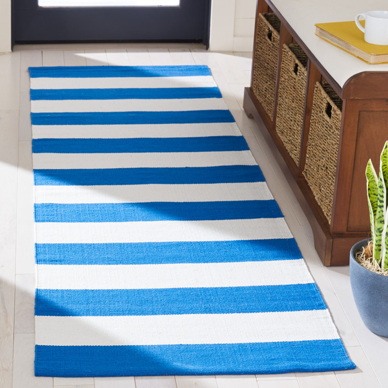 Brookvale Striped Handmade Flatweave Cotton Blue/Ivory Area Rug, Runner 2'3" x 13'