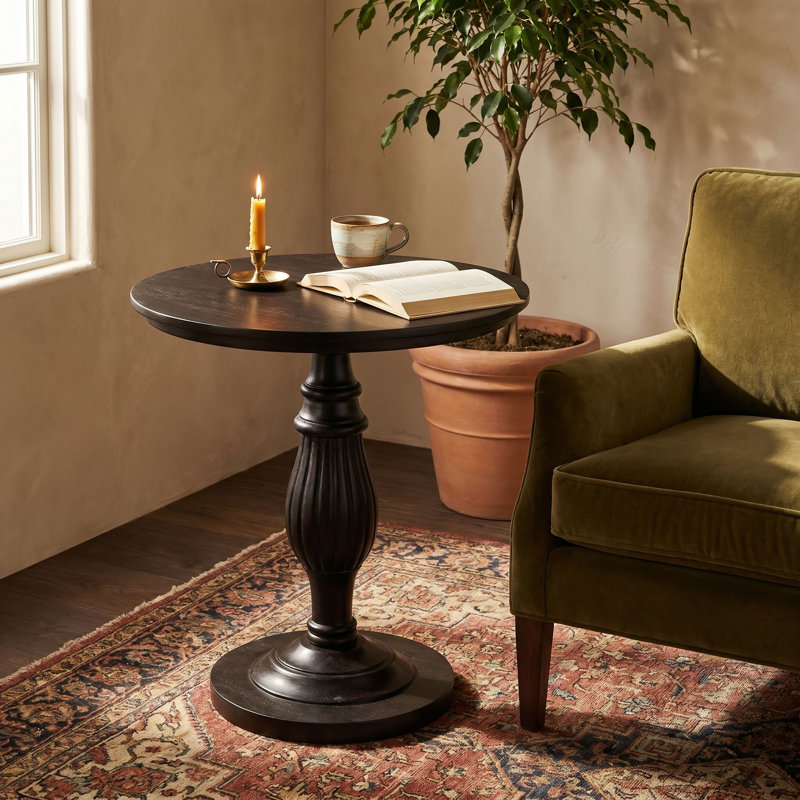 Walnut-Finished Mango Wood Table with Turned Pedestal