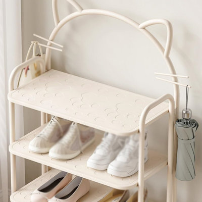 Étagère à chaussures multicouche en métal avec oreilles de chat avec tablettes ouvertes, tablettes de rangement minimalistes blanc laiteux pour enfants et adultes