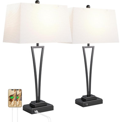 Ensemble de 2 lampes de table Modern Modern en métal noir avec ports USB intégrés et ports de charge de type C, lampe de chevet en forme de V avec abat-jour rectangulaire en lin préassemblé, douille E26 (ampoule non incluse)
