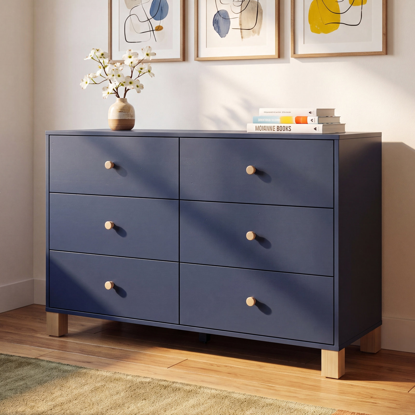 California 6 Drawer Dresser, Midnight Blue/Driftwood