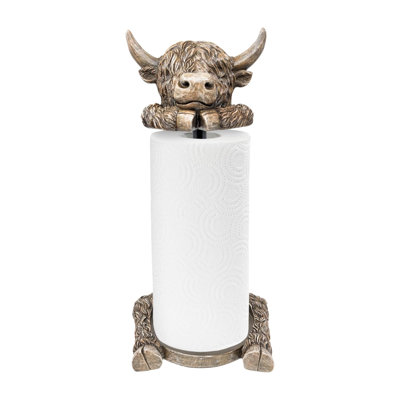 Porte-essuie-tout Rustic Highland Cow - Unique Farmhouse en résine et métal | Décoration de style champêtre pour la cuisine et la salle à manger, conception adorable de vache Highland, idée de cadeau idéale, convient aux rouleaux standard