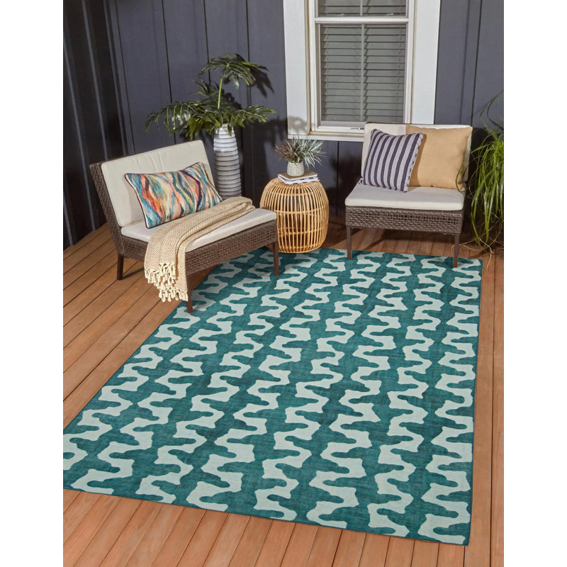 Kivett Stalk Aqua and Green Indoor Outdoor Machine Washable Area Rug, Rectangle 5' x 7'