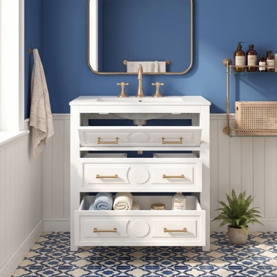 Meuble-lavabo autoportant en bois massif de 30 po et panneau de fibres à densité moyenne, blanc, rangement à 3 tiroirs, lavabo en céramique, lavabo blanc, pré-percé pour robinet central 4 po