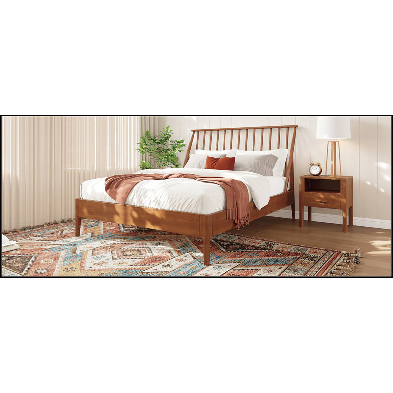 Solid Bamboo Wood Spindle Platform Queen Bed with 46.5 Inch Tall Headboard