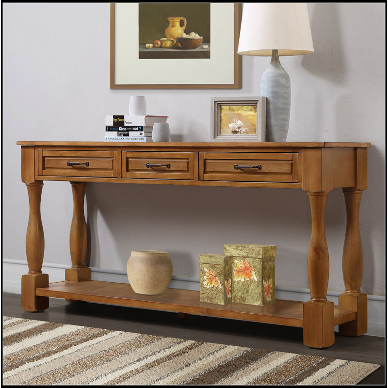 Console en bois de 63 pouces de long avec 3 tiroirs et 1 tablette inférieure pour le canapé d'entrée très facile à assembler (bleu rétro)