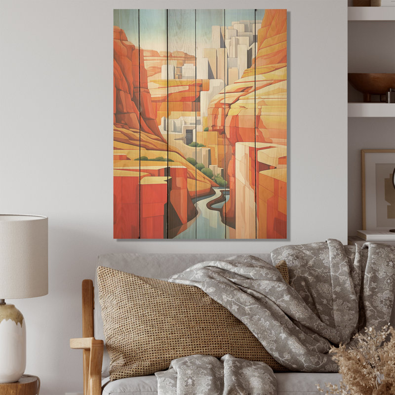 Canyon de Stijl inspiré Lansdcape I - Canyon, art mural sur bois de pin naturel, H 32 po x l 24 po