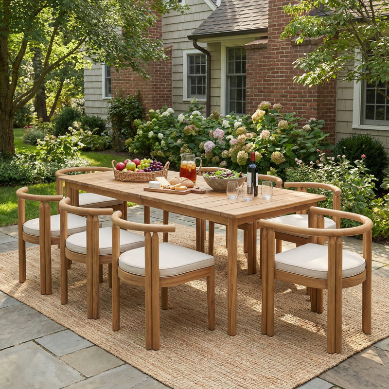 Bayshore 9-Piece  Modern Coastal Acacia Wood Outdoor Dining Set With Cushioned Armchairs