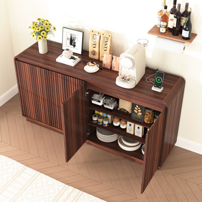 Walnut 4-Door Fluted Tv Stand With Built-In Power Outlet, 3 Adjustable Storage Cabinet For Media And Dining Use Multi-Functional, Walnut, Stand, Storage, Home Media, Entertainment