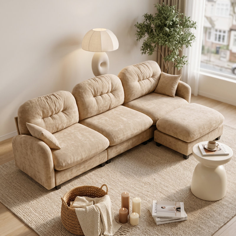 Canapé d'angle minimaliste en chenille plissée avec pouf, 3 places, couleur camel, 3 sièges + 1 repose-pieds
