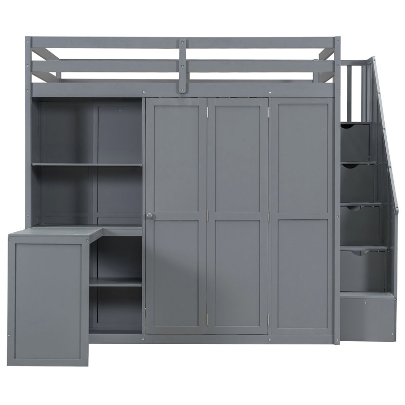 Lit mezzanine avec garde-robe, bureau et tablettes, Gris