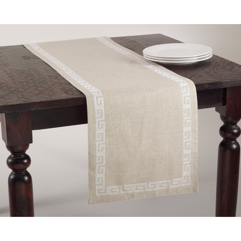 Badley Stitched Greek Key Design Table Runner, White, 16" x 90"