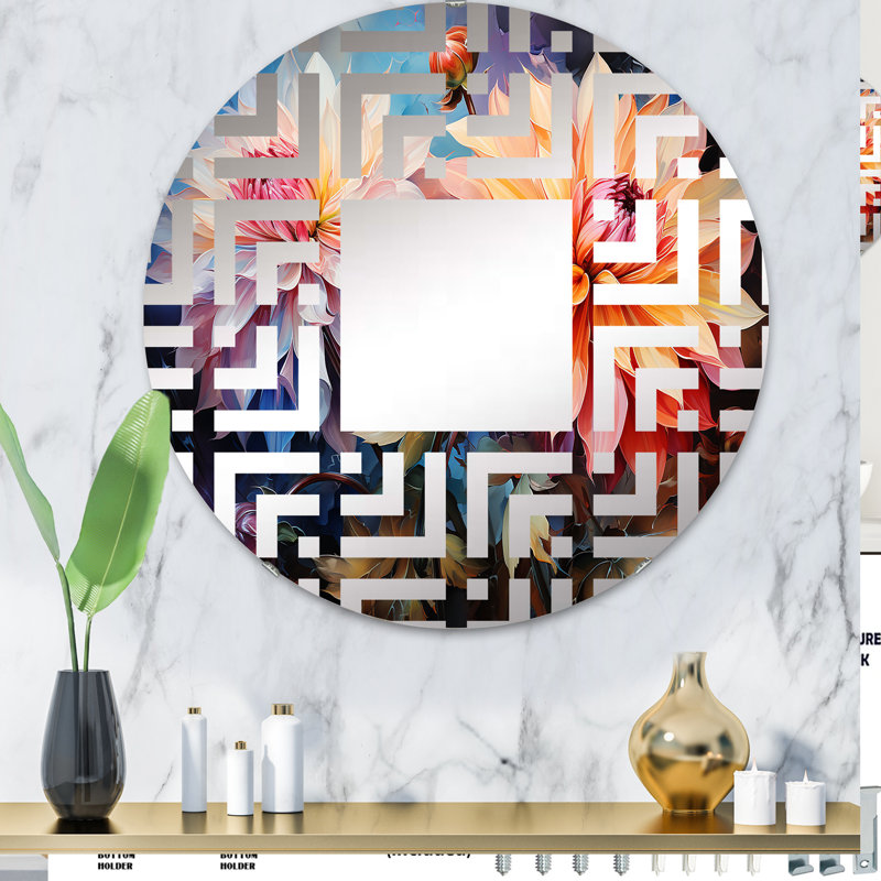 Miroir décoratif moderne corail et bleu Dahlia Dreams III - Maze - MIR110380-Rond, 31,4 po x 31,4 po