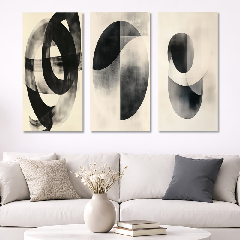 Géométrie noire et blanche «Minimal Curves II», ensemble de 3 toiles abstraites encadrées, H 40 po x l 60 po, Toile tendue
