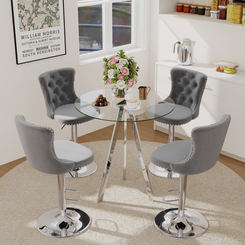 Bar Height Set, Tempered Glass Round Dining Table and Velvet Adjustable Dining Chairs., 5, Gray