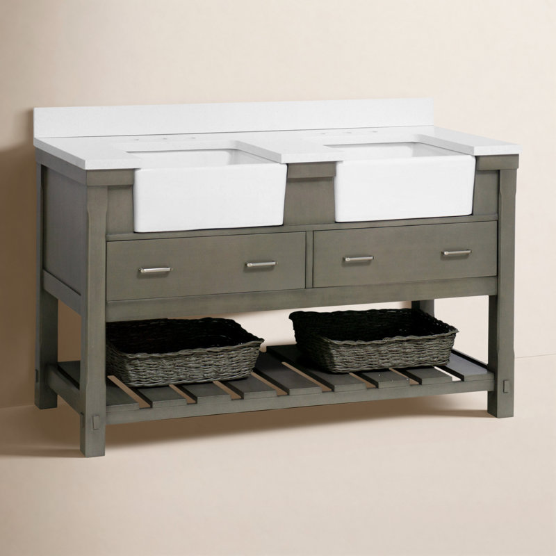 Hitton 60'' Double Bathroom Vanity with Top, Weathered Gray, Quartz