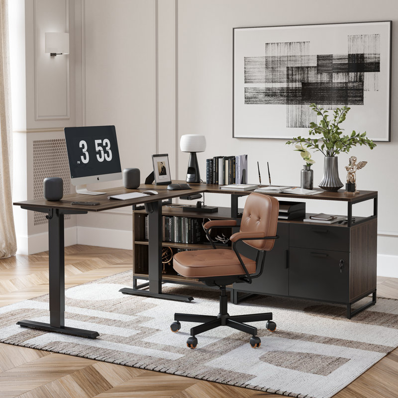 Normandie 66.1'' W Height Adjustable L-Shaped Standing Desk with and Cabinet, Black/Brown