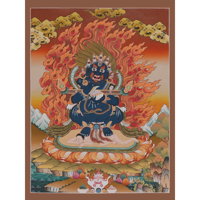 Art mural Mahakala Thangka - divinité protectrice bouddhiste tibétaine peinte à la main, toile sans brocart or 24 carats, puissance et protection