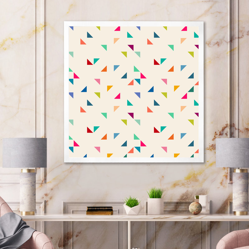 Multicolore triangles sur jaune - reproduction d'art sur toile à motifs, Cadre photo blanc, H 16 po x l 16 po x P 1 po