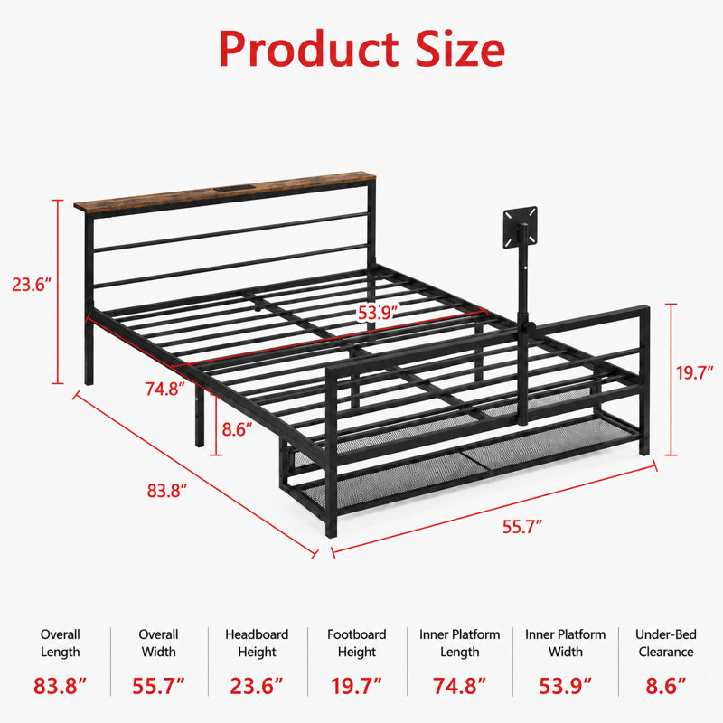 Full Size Metal Gaming Bed Frame with Rotating TV Mount, Open Storage Shelf, Built-In Charging Station, No Box Spring Needed