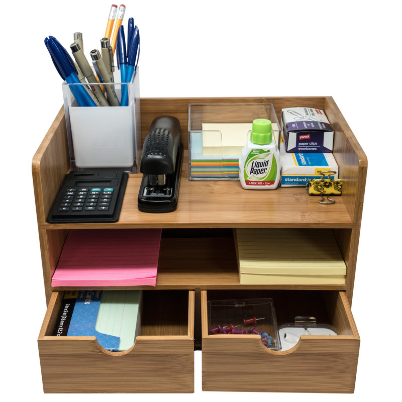 Antique Bamboo Wood Desk Organizer with 3 Drawers and Top Shelf
