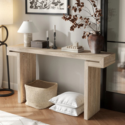 Console 60 pouces avec bois vieilli et finition naturelle pour le couloir du salon - charme, conception multi-espaces, table rectangulaire, base en forme de H, entrée de style rustique, hauteur standard, pieds,