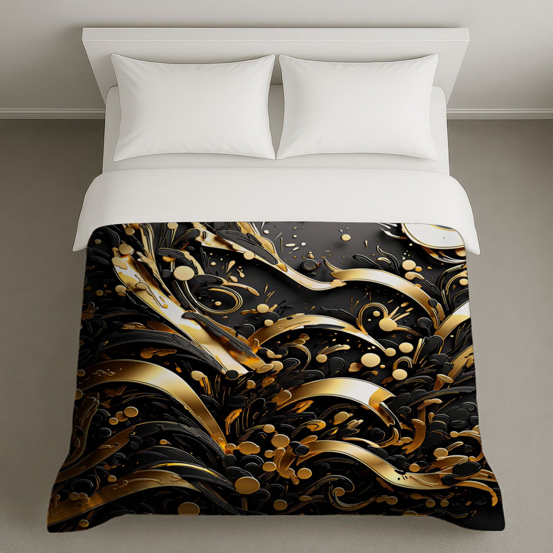 Housses de couette dorées à tourbillons noirs, Très grand lit