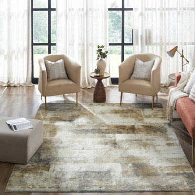 Wallburg Ivory Gold Brushblock Abstract Area Rug