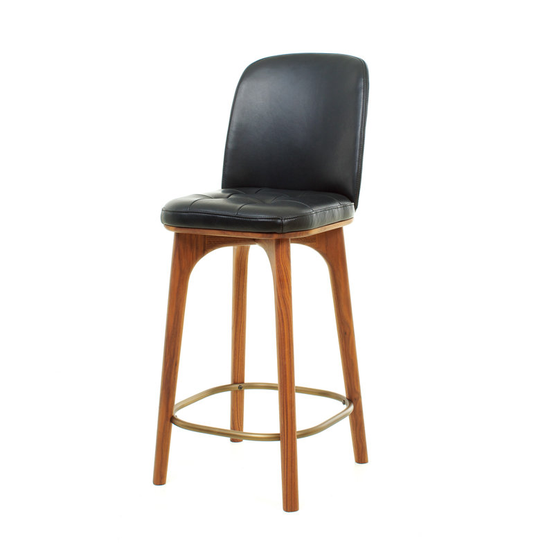 Utility Upholstered Stool with Solid Wood Frame, Bar: 30" H, Bellagio Black with Natural Walnut