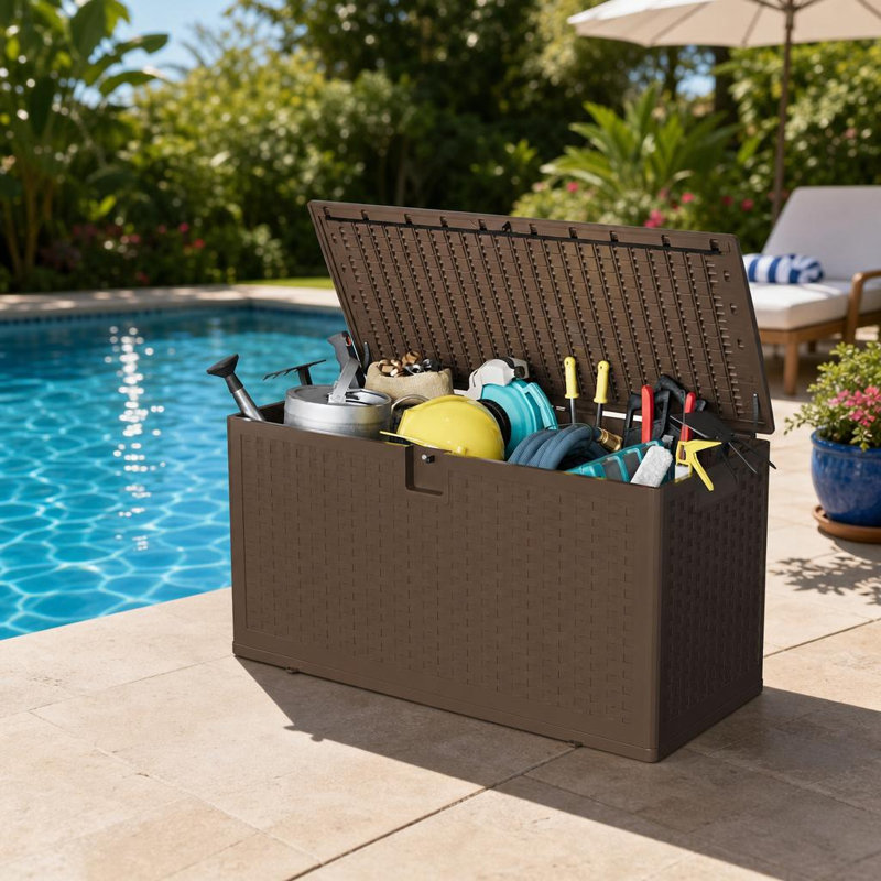 73 Gallon Waterproof Outdoor Deck Storage Box – Resin Organizer for Patio, Garden, Pool – Stores Cushions, Tools, Equipment – Black, Imitation Rattan