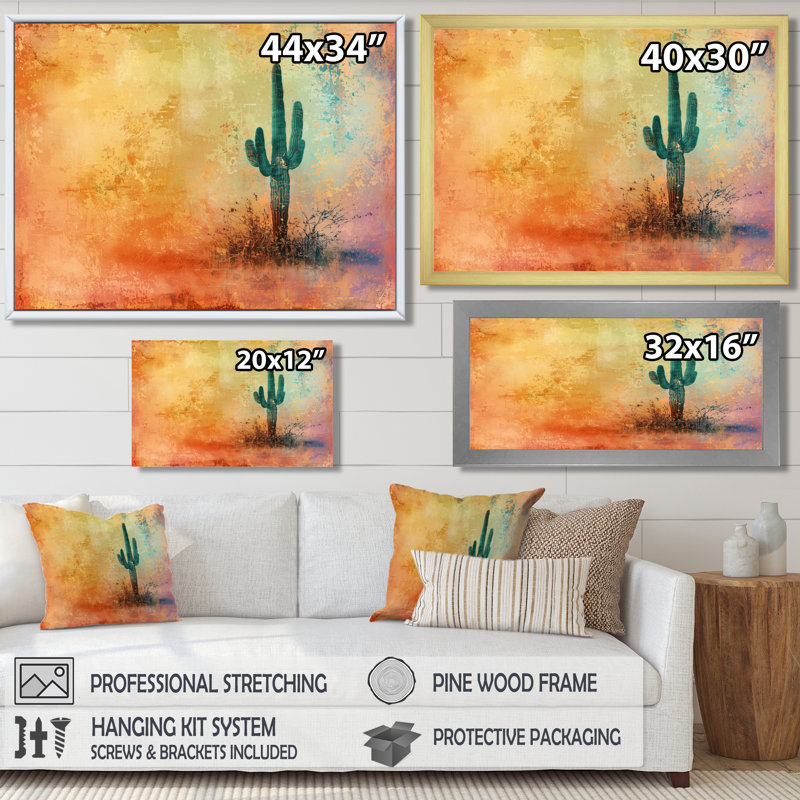 Désert du Nevada, Cactus Saguaro - Art mural de cactus floral, salon, H 34 po x l 44 po, Brun