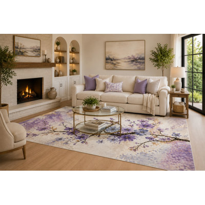 6'7" x 9'10" Purple, Blue and Cream Violet Blossom Branches Area Rug for Living Room, Soft Low Pile with Non-Slip Backing, Bedroom, Dining Area and Office Decor