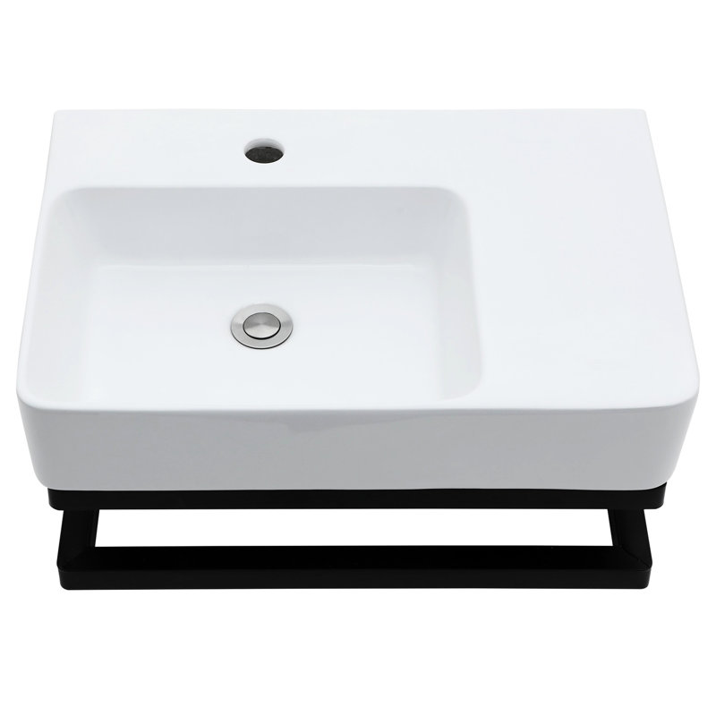 23.39"x16.5" Rectangular White Ceramic Bathroom Sink With Corrosion - Black Towel Bar, Practical Design Wall Mounted Faucet Hole And Smooth Surface For Easy Cleaning