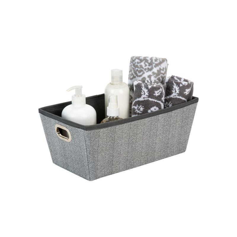 Small Gray Herringbone Fabric Storage Box with Grommet Handles