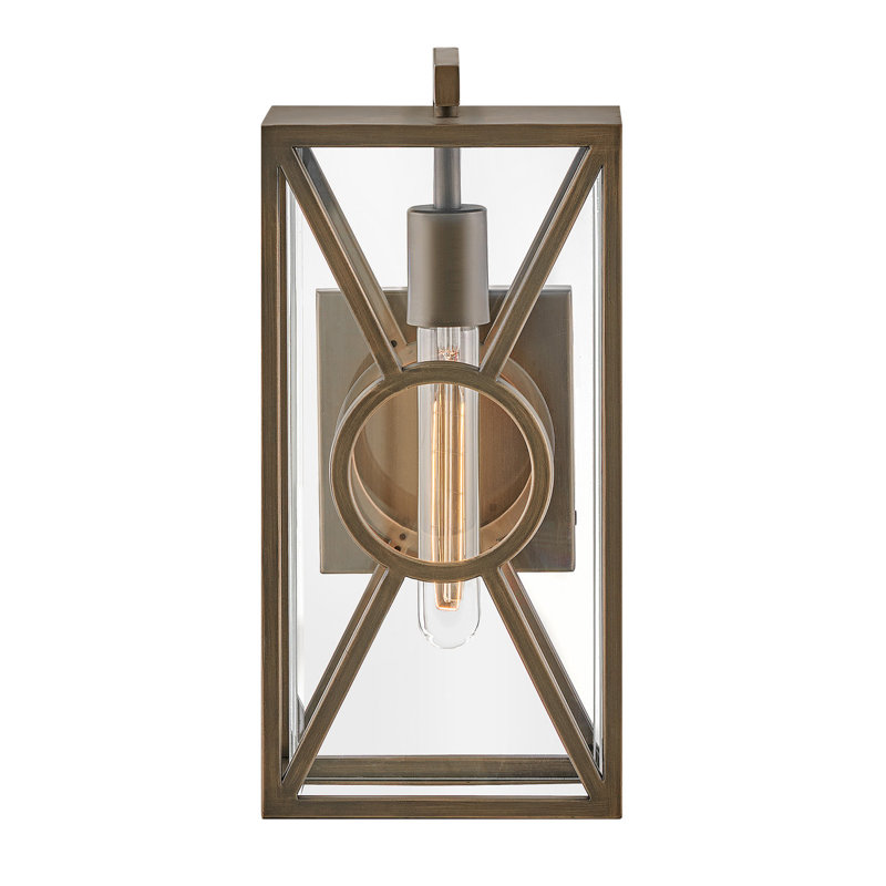 Brixton Outdoor Wall Mount Lantern - Clear Mitered Glass, Composite, Burnished Bronze, 14" H x 6.75" W x 6" D