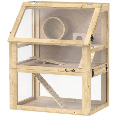 Cage à hamster en bois à 3 niveaux avec fond amovible, cabane, balançoire à bascule, roue d'exercice, rampes, 24 po x 16 po x 29,5 po