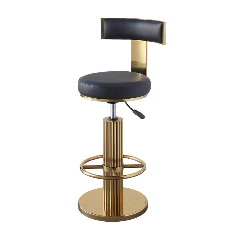 Cravets Stainless Steel Bar Stools with Back Modern Adjustable Barstools Swivel Bar Chairs（1PCS）, Black Leather / Gold Base